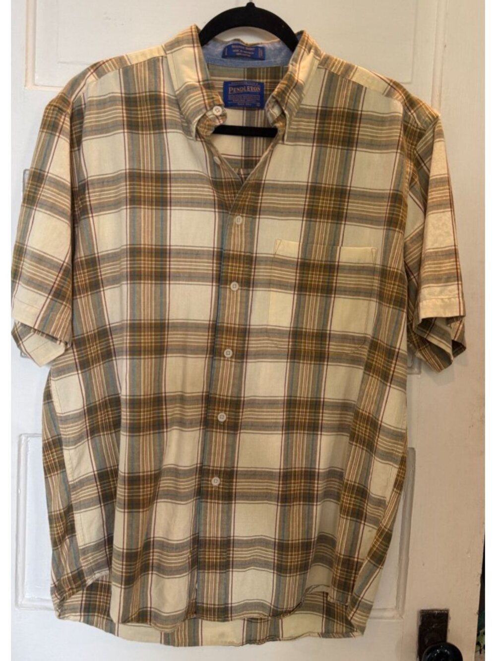 Pendleton Seaside Shirt Large Plaid Short Sleeve Cotton Button Down Neutral Tone